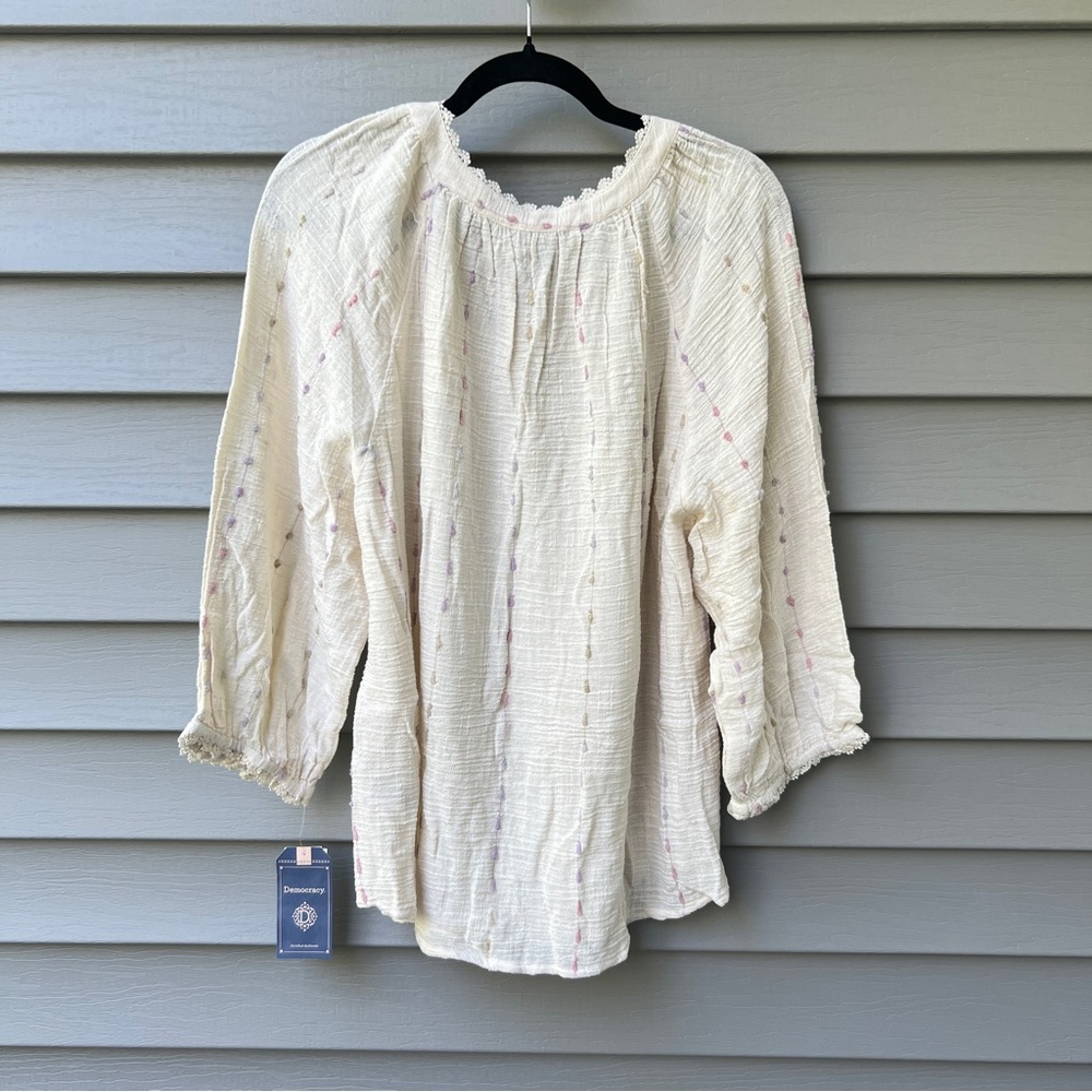 Democracy Crochet Detail Blouse Plus Size 2X Split V-Neck Braided Tie Front Boho - Picture 6 of 16
